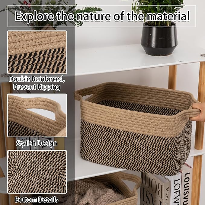 OIAHOMY 3 Pack Storage Basket for Organizing, 13''X9.85''X8.7'' Storage Bins,Woven Basket Basket with Handles, Toy Storage Basket Bin,Stylish Room Decor Basket, Brown & Black