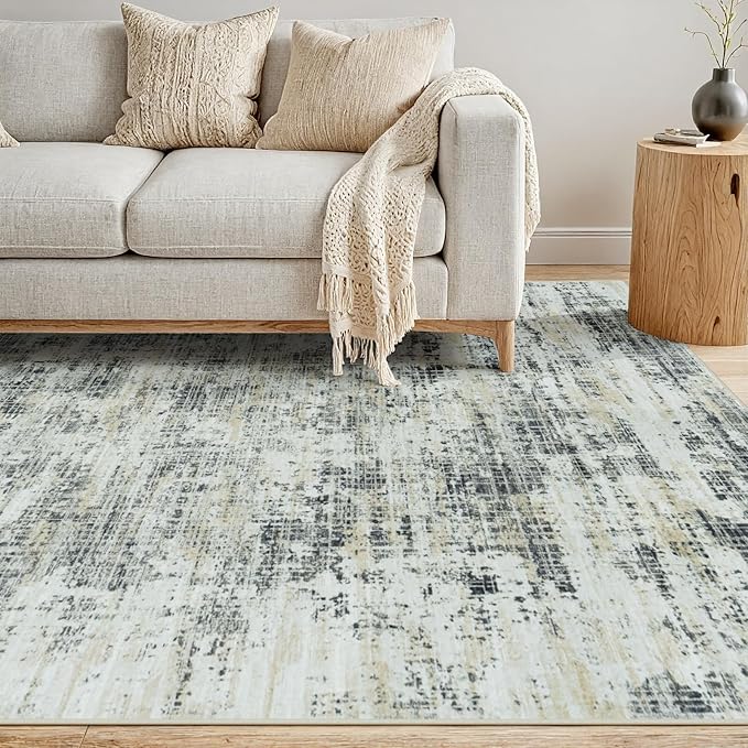 10x12 Washable Area Rug for Living Room Bedroom: Non-Slip Modern Black Gray | Machine Washable TPR Backing, Stain-Resistant Low Pile, Pet & Kid Friendly, Abstract Decor for Dining Room, Dorm, Home Office