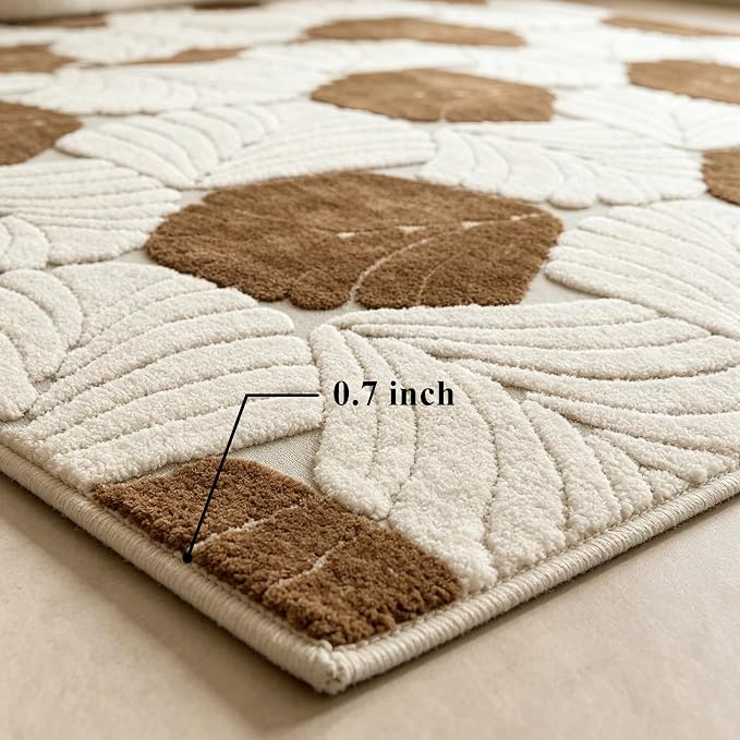 Washable Area Rug 5′3″ × 7′6″ for Living Room Bedroom Hotel, Leaves | Soft Cozy Fluffy Mid Pile Machine Washable Non Slip Boho Modern Accent Rug for Dining Room Nursery Kids Room Dorm Hotel