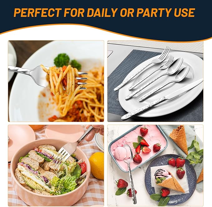 60 Piece Silverware Set for 12, Food-Grade Stainless Steel Utensils Set Includes Spoons Forks Knives, Sturdy Home Kitchen Eating Tableware Set,Wave Style Design & Mirror Polished - Dishwasher Safe