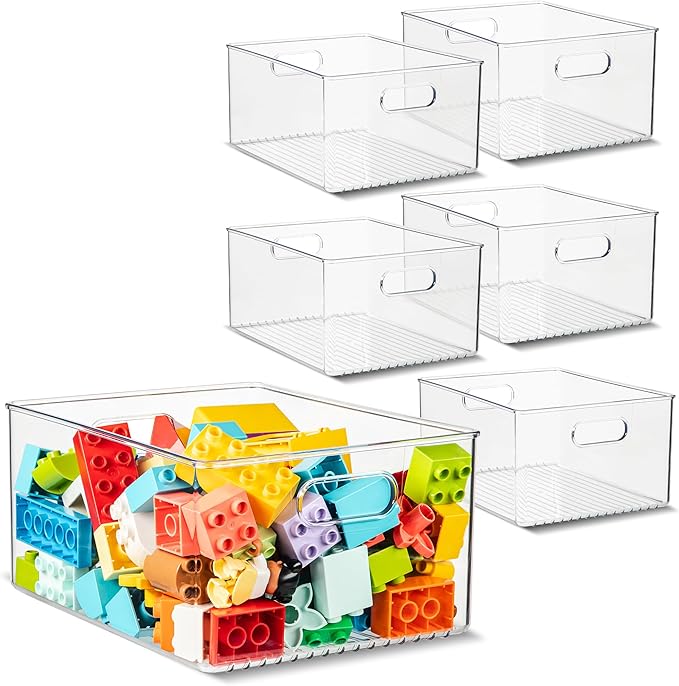 Plastic Food Storage 6 Pack Clear Container Bin with Handles for Organizing Kitchen, Pantry, Refrigerator, Freezer, Pantry, Cabinet, Closet, Bathroom 10”x8”x5”