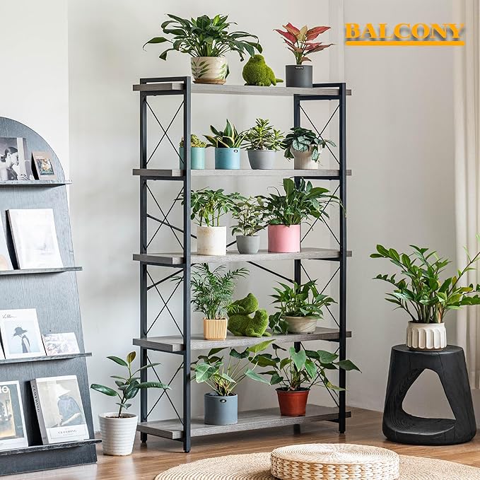 HCHQHS Bookshelf, 5-Tier Industrial Bookcase, Rustic Open Book Shelf, Freestanding Tall Bookshelves with Metal Frame