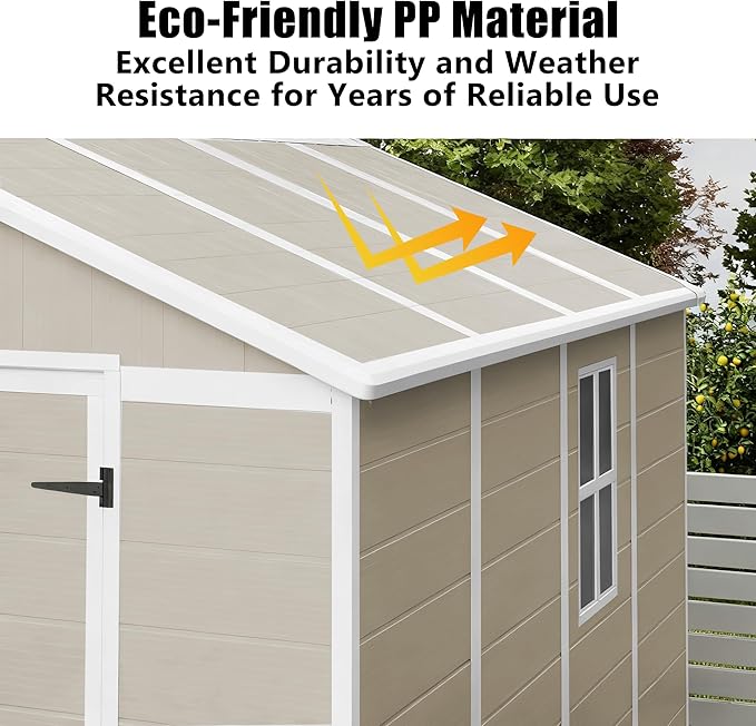 Outdoor Shed 5x3/6x4/7x7/8x6/8x10/8x12 FT, 15MM Thick PP Resin Plastic Shed with Lockable Door & Floor - Waterproof Plastic Tool Shed for Bike, Garbage Can, Backyard, Patio (Light Brown, 7x7FT)