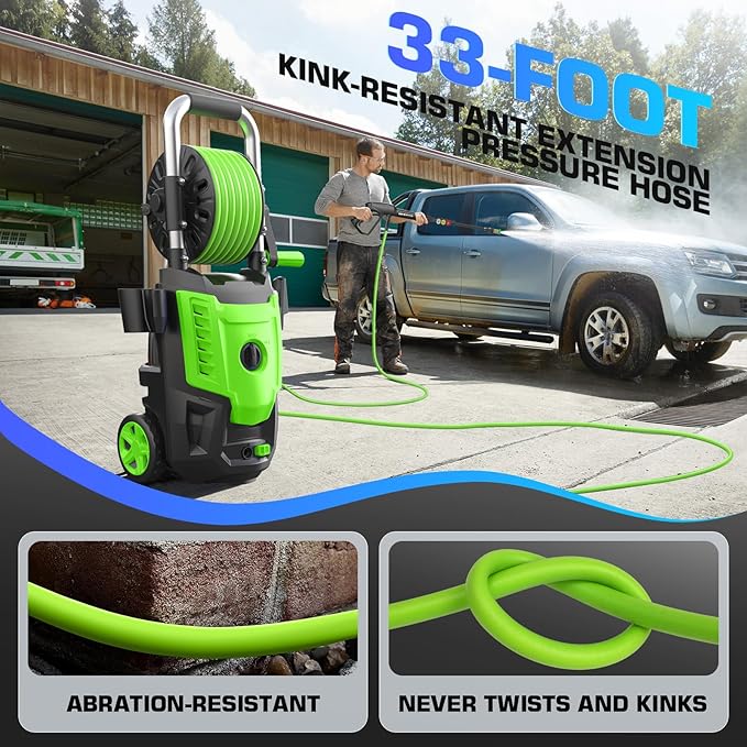 4800 PSI Pressure Cleaner- 4.0 GPM High Power Cleaner with 33FT Hose Reel, 4 Spray Tips and Soap Bottle for Car Washing, Fence Cleaning, Patio Maintenance(Upgraded)(Green)