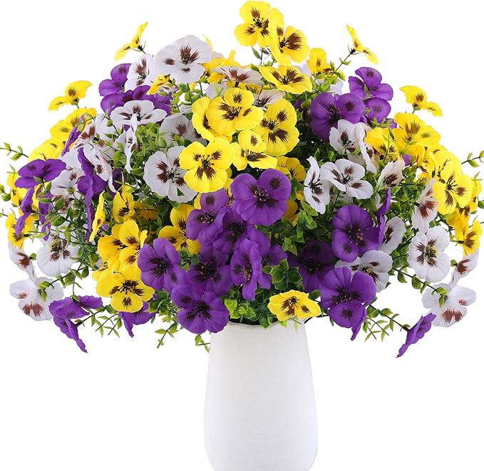 18 Bundles Artificial Fake Pansy Flowers for Outdoor, Faux UV Resistant Silk Pansies Flowers for Outside Planter Front Door Porch Yard Patio Window Box Home Decor (18, Purple, Yellow, White)