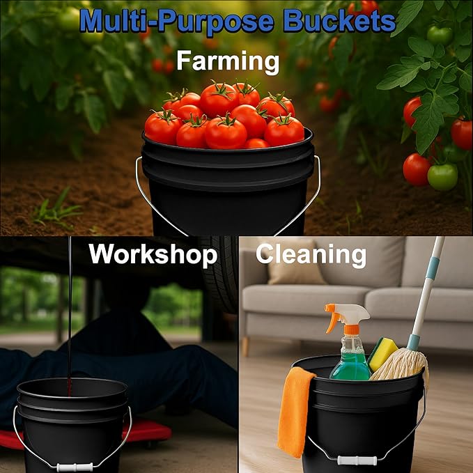 2-Gallon Bucket with Airtight Lid – Made in USA, Food Grade BPA Free Plastic, Heavy Duty Multi-Use, Metal Handle with Grip, Stackable Storage – Black, 6 Pack