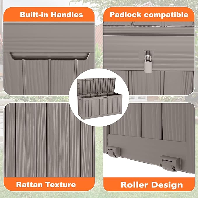 75 Gallon Resin Deck Box, Lockable Patio Outdoor Storage Box for Furniture, Garden Tools and Tools Storage, Waterproof Outside Storage Boxes - Grey