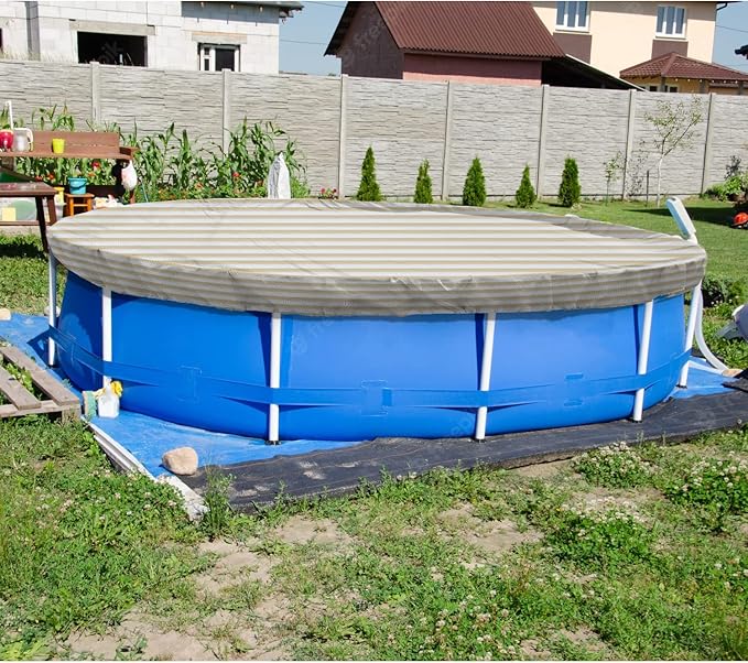 ECOOPTS 12 ft Round Pool Cover for Above Ground Pools, Swimming Pool Cover Protector Winter Safety Cover (Beige White Stripes)