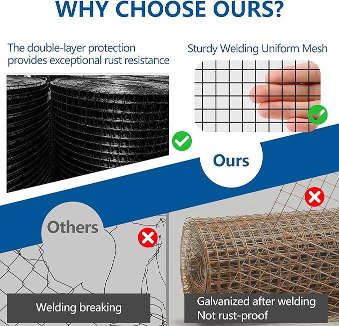 Black Hardware Cloth 1/2 inch 19Ga PVC Coated Wire Mesh Vinyl Coated Fence Welded Metal Chicken Wire Fencing Roll (1/2 inch 8in x 50ft)