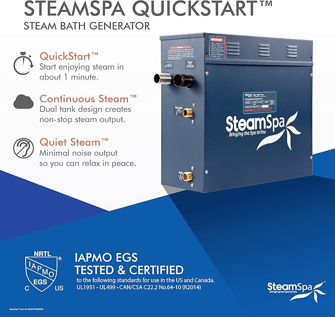SteamSpa 9kW Steam Sauna Generator Executive Bundle 240V Steam Generator with Touch Pad, Steamheads, Pressure Relief Valve, Built-in Auto Drain, LED Light, Filter and Quick Install Kit EXT900OB-A