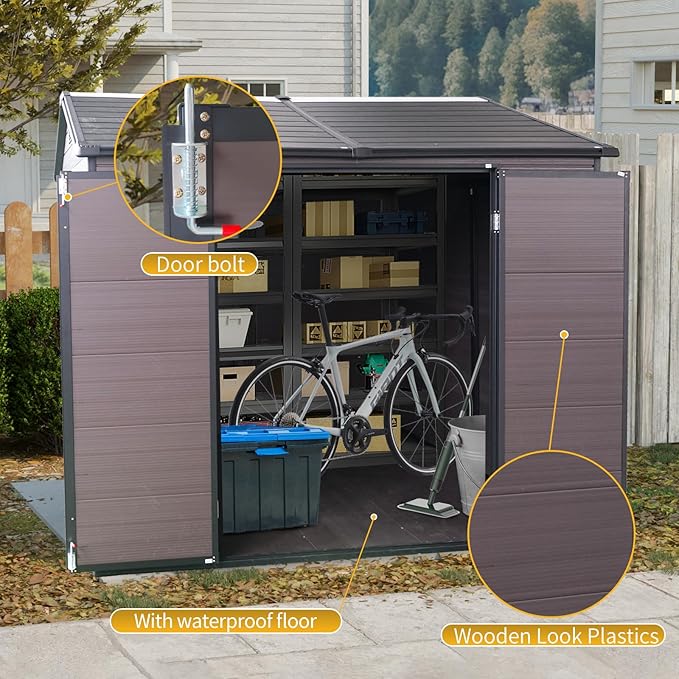 Outdoor Storage Shed with Two-Window and Double-Door, Resin Storage Shed with Lockable Door, Plastic Shed with Floor for Gargen, Patio, Yard, Lawn (Brown, 8 x 6 FT)