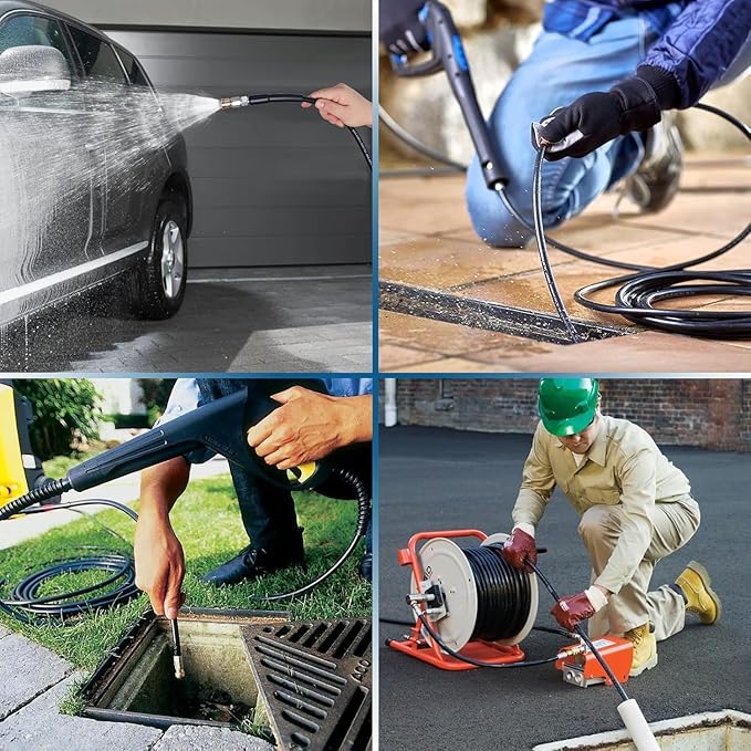 150FT Sewer Jetter Kit for Pressure Washer, 5800PSI Water Jet Durable Drain Cleaner Hose 1/4 Inch NPT Corner with 4 Specialized Nozzles,Waterproof Tape, Pearl Corsage Pin, Handle Strap & 2 Spanners