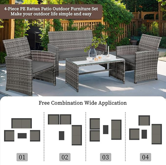 Shintenchi 4-Piece Outdoor Gray Wicker Patio Conversation Furniture Set, Rattan Patio Furniture Set with Weather Resistant Cushions and Tempered Glass Tabletop,Grey