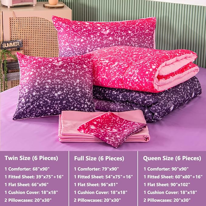 PERFEMET 6Pcs Queen Comforter Set with Sheets, Purple Glitter Tie Dye Girls Bedding Sets, Colorful Ombre Gradient Bed in A Bag, Soft Fluffy Teen Girl Bed Set for Bedroom Decor