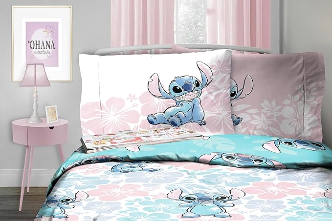 Jay Franco Disney Lilo & Stitch Twin Comforter Set - 5 Piece Bedding includes Sheet Set & Pillow Covers - Super Soft Kids Floral Bedding