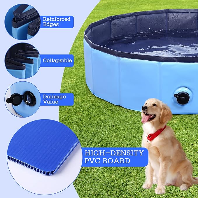 Foldable Dog Pool, Portable Pet Bath Tub and Kiddie Swimming Pool, Collapsible Bathtub for Puppies, Small, Medium and Large Dogs, Cats and Kids, 79 x 12 in, Blue