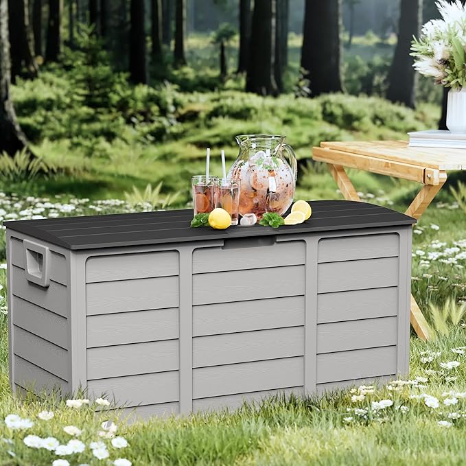 75 Gallon Outdoor Deck Box - Durable Resin Storage with Lockable Lid, for Patio Furniture Cushions, Pillows (Grey)
