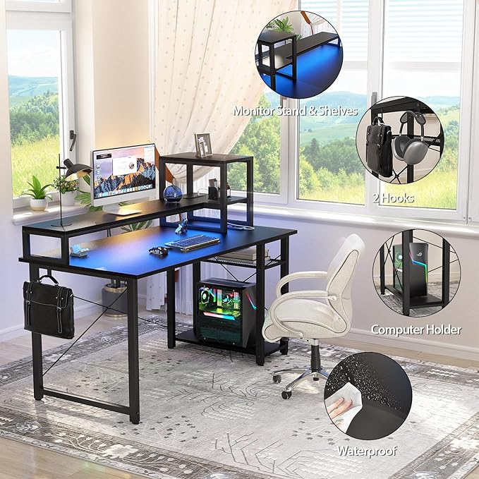 Gaming Desk with Lights & Power Outlets, 47.2'' Computer Desk with Storage Shelves, Small Desk for Small Space, Desk with Monitor Stand, Black