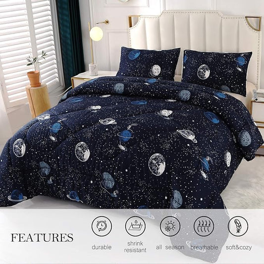 ENJOHOS Comforter for Queen Size Bed, Blue Queen Comforter Set with Galaxy Space Design, Lightweight Soft Microfiber Comforter with 2 Pillow Cases for All Season
