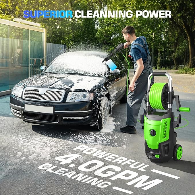 4800 PSI Pressure Cleaner- 4.0 GPM High Power Cleaner with 33FT Hose Reel, 4 Spray Tips and Soap Bottle for Car Washing, Fence Cleaning, Patio Maintenance(Upgraded)(Green)