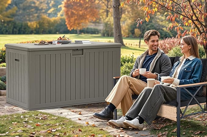 YITAHOME 200 Gallon Extra Large Deck Box, Double-Wall Resin Outdoor Storage Box with Flexible Divider for Patio Cushions Pool Supplies Garden Tools, 990 lbs Load Capacity, Lockable (Light Brown)