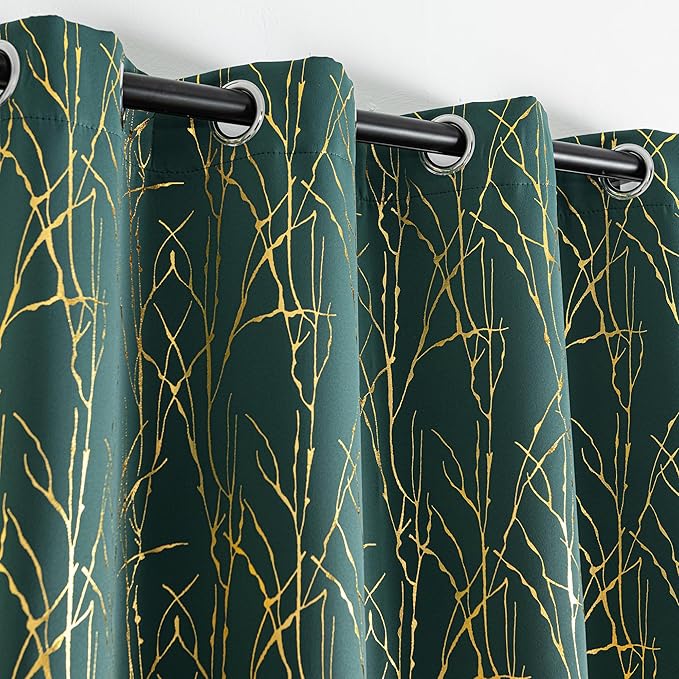 Grommets Blackout Long Window Curtains Green Gold-52W*108L 2PCS Drapes for Bedroom