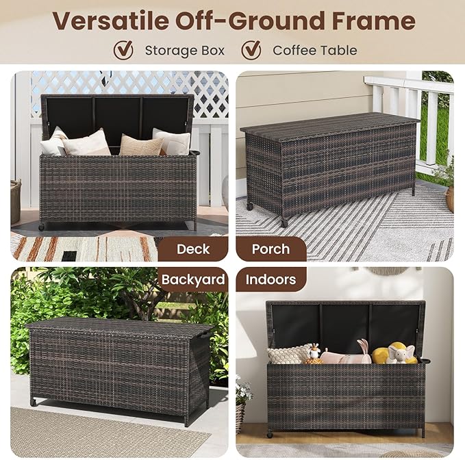 Tangkula Rattan Deck Box, 85 Gallon Storage Container with Waterproof Liner, Wheels & Gas Strut, Indoor Outdoor Wicker Storage Cabinet, Storage Furniture for Pillows, Cushions (Brown)