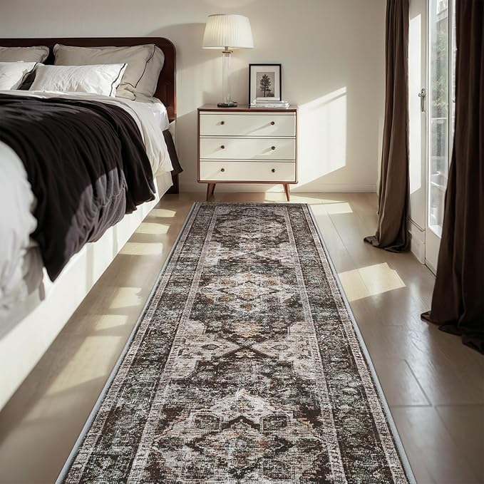 AMOAMI-2X6 Runner Rug-Washable Runners for Hallways-Soft Non Slip Bedside Rugs for Bedroom-Vintage Long Rug for Hallways Entryway Laundry Room Stair Kitchen Bathroom Brick/Brown