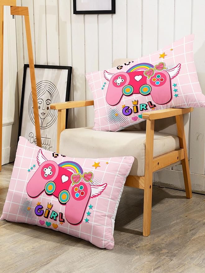Datura home Bedding Comforter Set Pink Gamepad Printed Pattern Quilt with 1 and 2 Pillowcases for Girls Bedroom All Season(Pink Queen) Queen 90x90inches