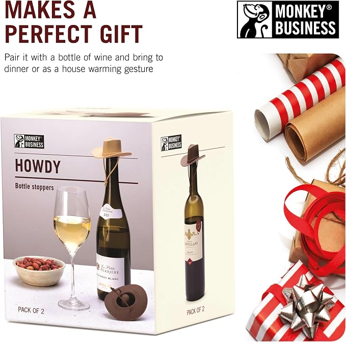 Monkey Business Howdy - 2-Pack Cowboy Hat Wine Stoppers – Fun Silicone Bottle Stoppers Keep Wine Fresh – Novelty Kitchen Gadgets & Cute Wine Accessories