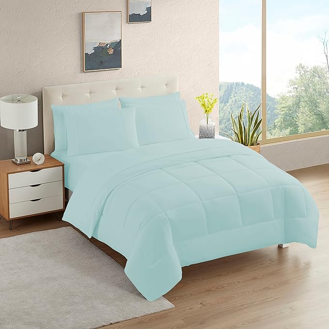 Dorm Room Essentials College Bedding Comforter Set 7 Piece Full Size Bed in a Bag for College Students Boys and Girls, Full, Aqua