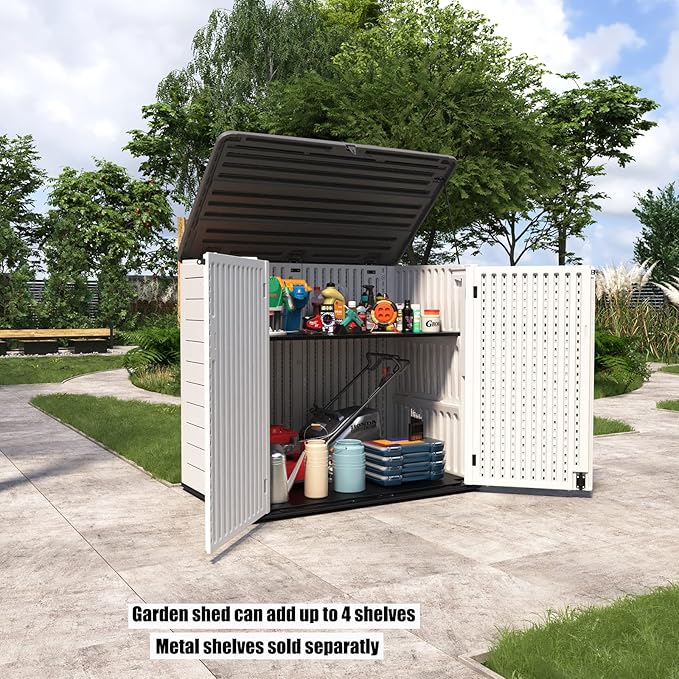 Resin Outdoor Storage Shed, 38 cu.ft Outdoor Storage Box Waterproof for Garden Tools, Patio Furniture, Trash Cans, Garage Storage, Customized Shelves & Lockable (Off White)