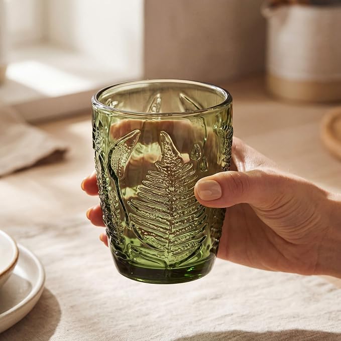 Green Drinking Glasses Set of 8, 10 oz Glass Cups, Vintage Fern Glassware | Hand-Pressed, Dishwasher Safe, Boho Leaf-Textured Drinkware, Colored Embossed Lowball Tumblers for Water, Retro Kitchen Gift
