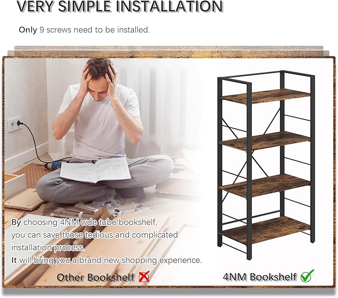 4NM Bookshelf 4 Tier Industrial Bookcase Home Office Adjustable Bookshelves Storage Shelves Organizer Vintage Book Shelf Display Rack for Living Room, Bedroom,Home - Rustic Brown
