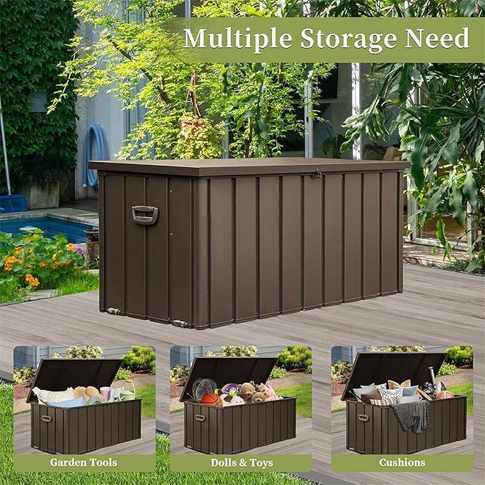 LANTRO JS 120 Gallon Metal Deck Box, Outdoor Storage Box Waterproof with Wheels, Lockable Storage Container for Patio Furniture Cushions Garden Tools, Dark Brown