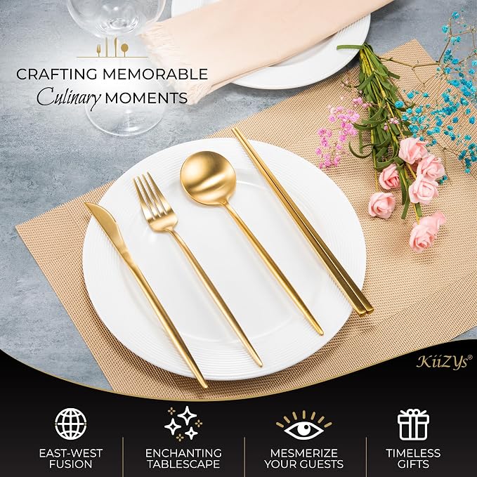 Matte Gold Utensils Set - 16-piece KiiZYs Cutlery Stainless Steel Silverware - Flatware Set Korean Chopsticks Fork Spoon Knife - Cubiertos Dorados Dishwasher Safe Gift Box (Gold, Service for 4)
