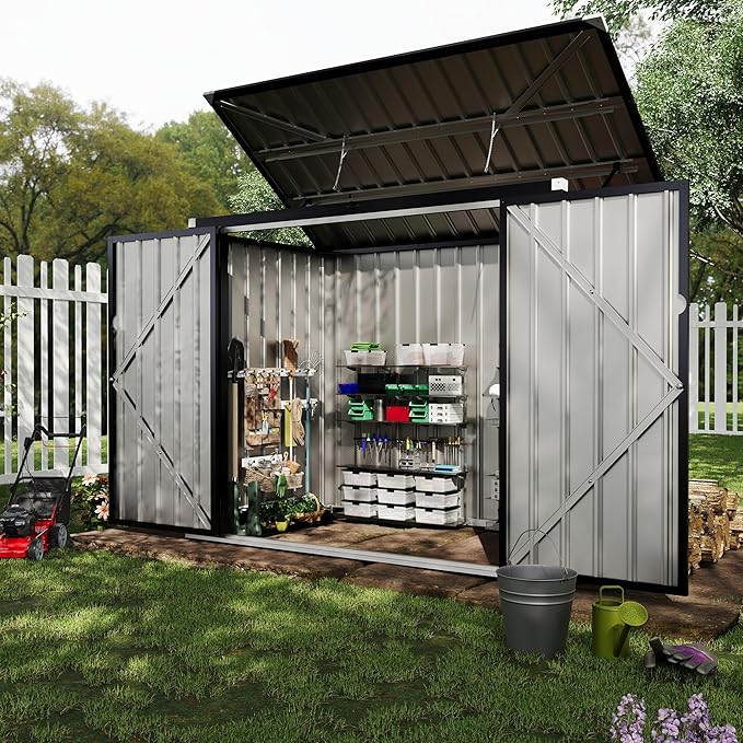 2 Trash Cans Metal Outdoor Storage, 3x6 FT Garbage Bin Storage Shed with Chain Lid, Garbage Can Metal Sheds for Garden, Backyard, Lawn and Patio