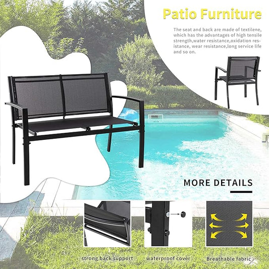 Shintenchi 4 Pieces Patio Furniture Set All Weather Textile Fabric Outdoor Conversation Set, with Glass Coffee Table, Loveseat, 2 Single Chairs for Home, Garden, Lawn, Porch(Black)