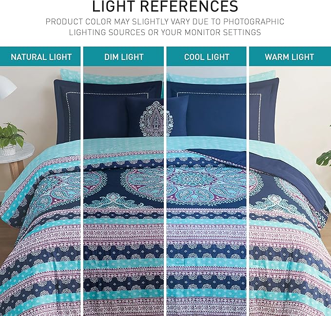 Degrees of Comfort Queen Bed Set, Boho Mandala Comforter Sets with Sheets,Blue Microfibe Bed in A Bag with Side Pockets, Matching Decorative Pillow, 8 Piece Navy
