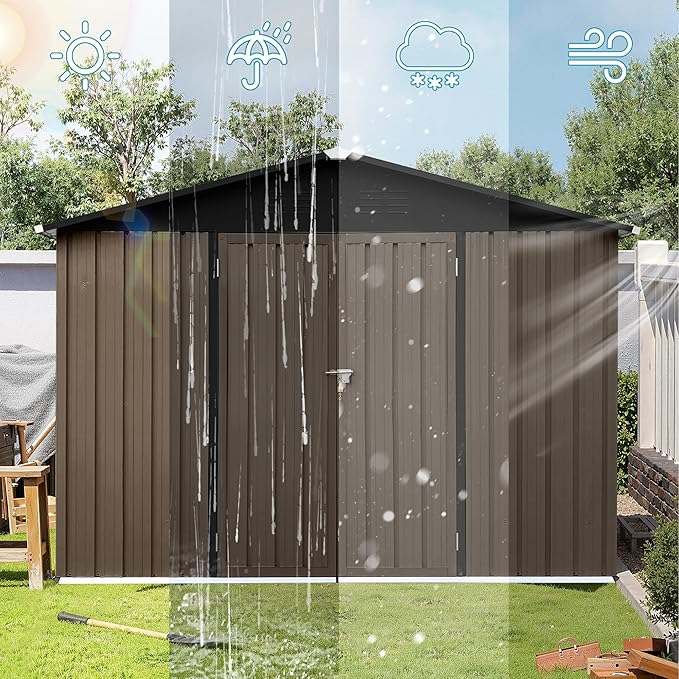 Storage Shed 8ft×6ft Classic Apex Roof Tool Shed Outdoor Storage Metal Garden Storage Sheds Tool Cabinet with Hinged Door Syste for Backyard, Patio, Poolside, Brown + Black