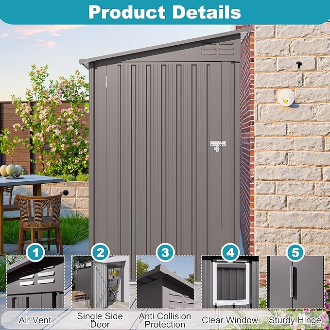4x9 FT Outdoor Metal Storage Shed, Metal Lean to Storage Shed with Lockable Single Side Hinge Door and Ventilation Window, Garden Shed for Backyard Garden Patio Lawn, Dark Gray