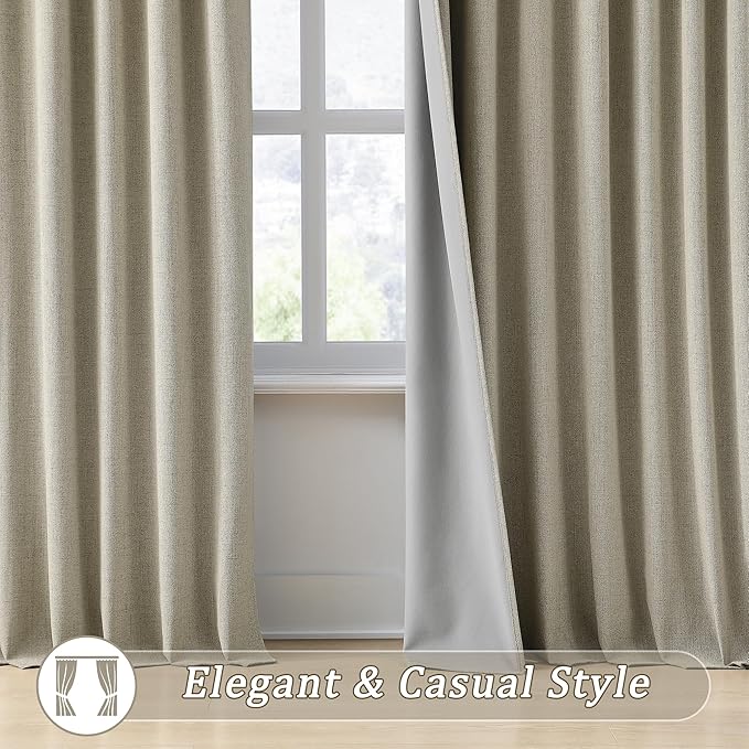 102 Inch Long Blackout Linen Blend Curtains 2 Panels,70 Wide Back Tab Pinch Pleated Look Window Drapes with Hooks,Track System Curtain Panels for Sliding Door Modern Farmhouse 70x102 Light Taupe