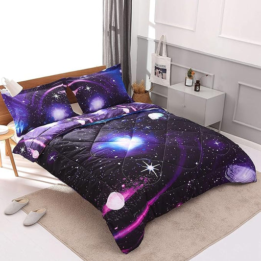 Wowelife Galaxy Twin Size Bedding Sets 5 Pieces Galaxy Space Comforter Set Blue 3D Kids Bed in A Bag Comforter Set for Girls Boys Lightweight with Comforter, Flat Sheet, Fitted Sheet and 2 Pillowcases