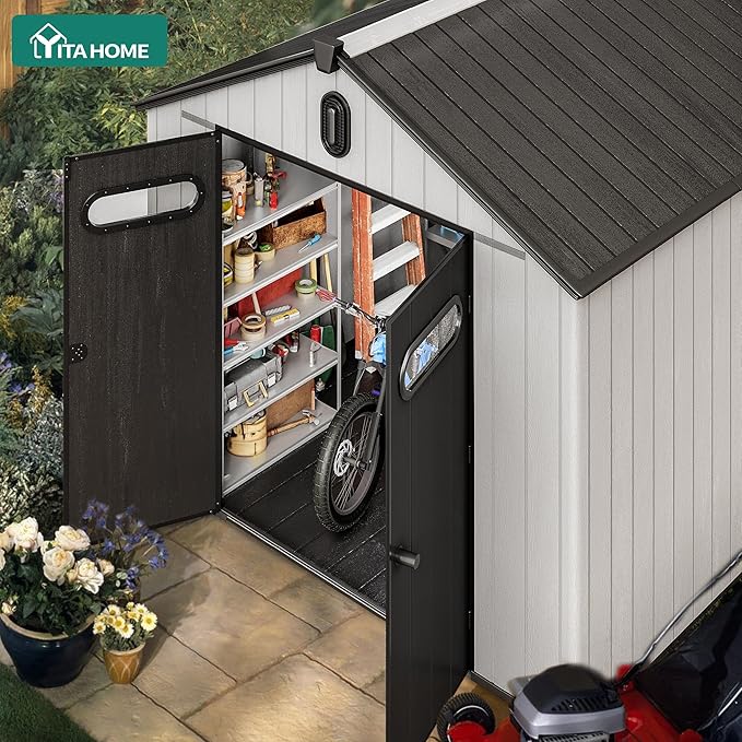 YITAHOME 8x10ft Resin Storage Structure, Outdoor 544 cuft Plastic Garden Storage Unit with Windows, Vents and Lockable Entrance, Waterproof Tool Organizer with Flooring for Lawn Equipment,Gray