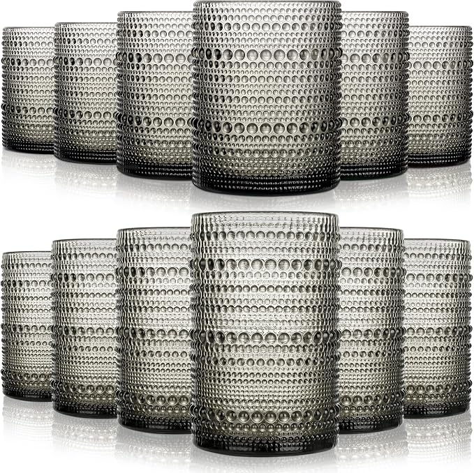 KMIGRUAN Hobnail Drinking Glasses Set of 12, 15Oz & 12Oz Cocktail Glasses | Grey Vintage Highball Glasses, Embossed Beaded Water Tumbler for Juice and Various Mixed Drinks, Kitchen Drinking Glasses