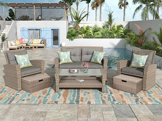 4-Piece Outdoor Patio Furniture Sets, All Weather Wicker Sectional Sofa Loveseat with Ottoman, Soft Cushions&Glass Table w/Shelf, Conversation Couch for Garden Backyard Poolside Deck, Gray