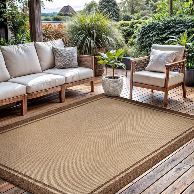 CAMILSON Outdoor Rug 8x10 Bordered Natural Brown Modern Area Rugs for Indoor and Outdoor Patios, Kitchen and Hallway Mats, Washable Porch Deck Outside Carpet (Border Jute, 8 x 10)