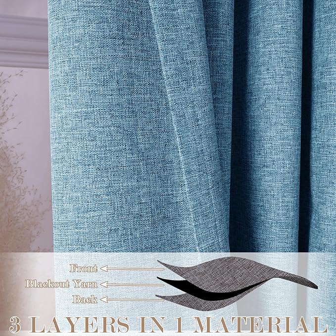 100% Blackout Linen Textured Drapes for Bedroom Pinch Pleated Curtains for Track System Portable Drapery for Sliding Glass Door/Storage/Space Room Divider, 70" Wx96 L, 1 PC, Blue