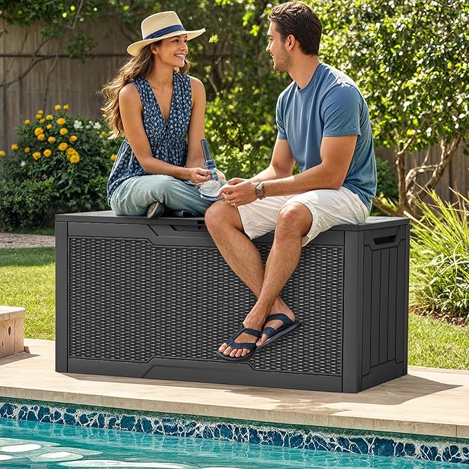 YITAHOME 80 Gallon Outdoor Storage Box, Large Water Resistant Resin Deck Box, Indoor Outdoor Lockable Rattan Storage Container for Patio, Garden, Cushions, Tools, Equipment (Dark Gray)