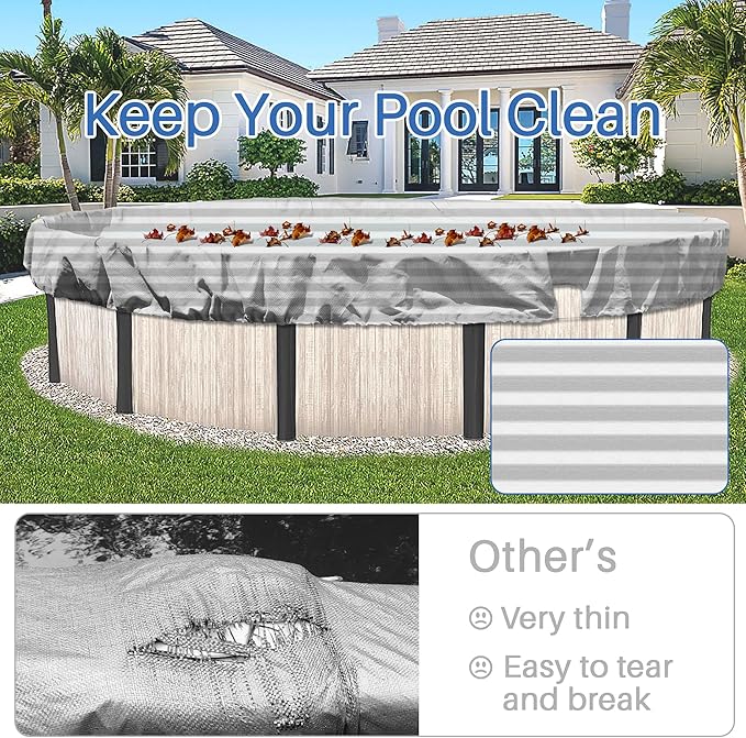 ECOOPTS 16 ft Round Pool Cover for Above Ground Pools, Swimming Pool Cover Protector Winter Safety Cover (Gray White Stripes)